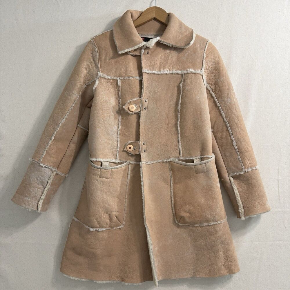 Diesel Women S Shearling Leather Coat Pink Tan Genuine Leather Y2K Long Jacket
